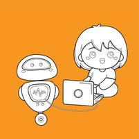 bambini e robot cartone animato digitale francobollo vettore