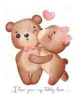 carino coppia Marrone orsacchiotto orsi, ragazza baci ragazzo, contento san valentino, adorabile cartone animato acquerello mano disegnato vettore illustation