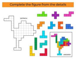 puzzle gioco con struzzo. colorato dettagli per bambini. completare figura. formazione scolastica gioco per bambini, prescolastico foglio di lavoro attività. puzzle gioco. vettore illustrazione.