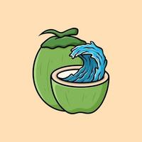 Noce di cocco onde spiaggia logo cartone animato vettore illustrazione