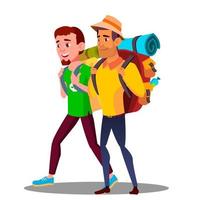 Due tipo amici adolescente andando escursioni a piedi con zaini vettore. isolato illustrazione vettore