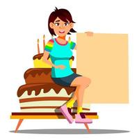 bellissimo asiatico ragazza seduta su un' grande festa torta con vuoto bandiera vettore. isolato illustrazione vettore