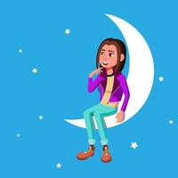 romantico giovane ragazza seduta su il Luna a notte vettore. isolato illustrazione vettore