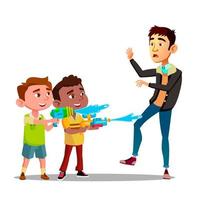 Due prepotente bambini spruzzi in uomo a partire dal acqua pistole vettore piatto cartone animato illustrazione