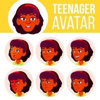 adolescente ragazza avatar impostato vettore. indiano, indù. asiatico. viso emozioni. utente, carattere. allegria, bello. cartone animato testa illustrazione vettore