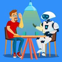 robot avendo un' bene tempo con amico uomo a tavolo nel bar vettore. isolato illustrazione vettore