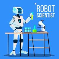 robot scienziato laboratorio chimico in piedi con fiaschi vettore. isolato illustrazione vettore