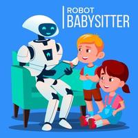 robot baby-sitter lettura un' libro per bambino su il divano vettore. isolato illustrazione vettore