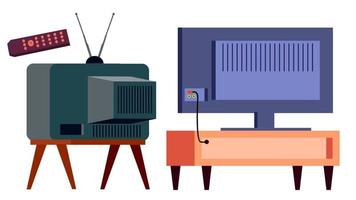 retrò tv vs moderno HD plasma vettore. didietro. lcd pannello e Vintage ▾ vecchio analogico Schermo schermo. isolato cartone animato illustrazione vettore