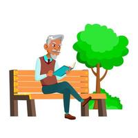 vecchio uomo lettura libro su parco panchina all'aperto vettore