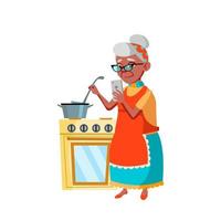 vecchio donna cucinando e utilizzando mobile Telefono vettore