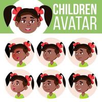 ragazza avatar impostato ragazzo vettore. asilo. nero. afro americano. viso emozioni. figli, giovane le persone. attivo, la gioia, tempo libero. disegno, opuscolo. cartone animato testa illustrazione vettore