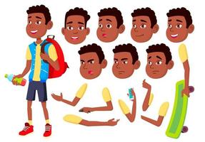 ragazzo, bambino, ragazzo, adolescente vettore. contento infanzia. afro americano, nero. viso emozioni, vario gesti. animazione creazione impostare. isolato piatto cartone animato personaggio illustrazione vettore