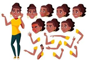 adolescente ragazza vettore. nero. afro americano. adolescente. positivo persona. viso emozioni, vario gesti. animazione creazione impostare. isolato piatto cartone animato personaggio illustrazione vettore