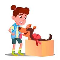 contento poco ragazza prende su di regalo scatola un' cane vettore. isolato illustrazione vettore