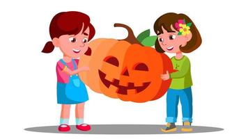 gruppo di bambini festeggiare Halloween con zucca nel mani vettore. autunno vacanze. isolato illustrazione vettore