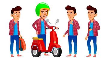 asiatico ragazzo impostato vettore. alto scuola bambino. veloce consegna servizio. scooter. per presentazione, invito, carta design. isolato cartone animato illustrazione vettore