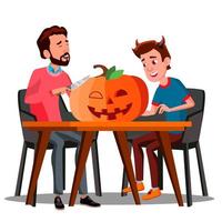 padre e figlio fabbricazione un' zucca per Halloween vettore. isolato Halloween illustrazione vettore