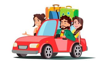 famiglia con bambini andando nel il auto su vacanza vettore. isolato illustrazione vettore