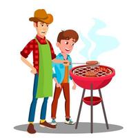 padre e figlio cucinando barbecue su il griglia insieme vettore. isolato illustrazione vettore