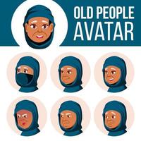 arabo, musulmano vecchio donna avatar impostato vettore. viso emozioni. anziano persona ritratto. anziano le persone. invecchiato. facciale, le persone. positivo. cartone animato testa illustrazione vettore
