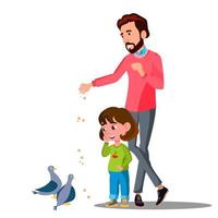 padre con giovane bambino alimentazione uccelli vettore. isolato illustrazione vettore