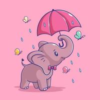 elefante in piedi sotto un ombrello nel piovoso tempo metereologico vettore