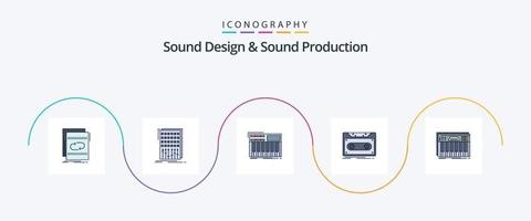 suono design e suono produzione linea pieno piatto 5 icona imballare Compreso disco. cassetta. miscelatore. sintetizzatore. midi vettore