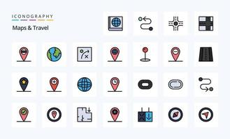 25 mappe viaggio linea pieno stile icona imballare vettore
