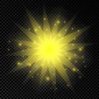 leggero effetto di lente razzi. giallo raggiante luci starburst effetti con scintille su un' trasparente sfondo. vettore illustrazione