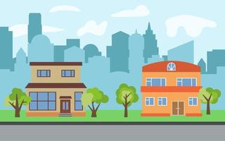 vettore città con Due due storie cartone animato case e verde alberi nel il soleggiato giorno. estate urbano paesaggio. strada Visualizza con paesaggio urbano su un' sfondo