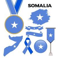 elementi collezione con il bandiera di Somalia design modello. Somalia bandiera, nastri, medaglia, carta geografica, grunge struttura e pulsante vettore