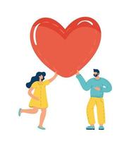 contento San Valentino giorno sorpresa. minuscolo uomo e donna siamo Tenere enorme cuore regalo. amorevole persona, personaggio partire per datazione, gli anziani amore, romanza sentimenti. cartone animato persone vettore illustrazione