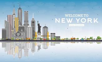 benvenuto per nuovo York Stati Uniti d'America orizzonte con grigio edifici, blu cielo e riflessi. vettore