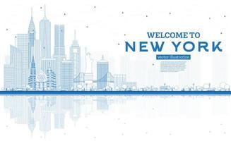 schema benvenuto per nuovo York Stati Uniti d'America orizzonte con blu edifici e riflessi. vettore