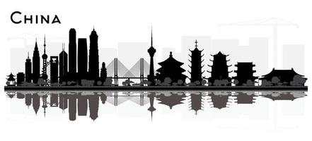 Cina città orizzonte nero e bianca silhouette con riflessi. vettore