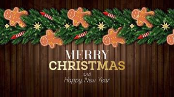 Natale saluto carta con Natale albero rami, rosso razzi e Pan di zenzero uomo su di legno sfondo.