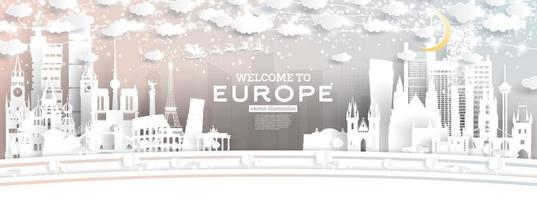 Europa città orizzonte nel carta tagliare stile con fiocchi di neve, Luna e neon ghirlanda.