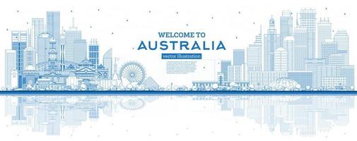 schema benvenuto per Australia orizzonte con blu edifici e riflessi. vettore