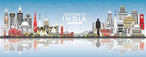 benvenuto per India città orizzonte con colore edifici, blu cielo e riflessi. vettore