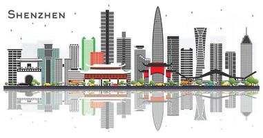 Shenzhen Cina città orizzonte con colore edifici e riflessi isolato su bianca. vettore