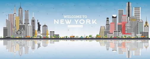 benvenuto per nuovo York Stati Uniti d'America orizzonte con grigio edifici, blu cielo e riflessi. vettore