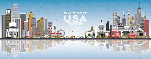 benvenuto per Stati Uniti d'America orizzonte con grigio edifici, blu cielo e riflessi. vettore