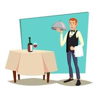 Cameriere servendo vettore. moderno Cameriere riservato tavolo nel bar, ristorante. piatto cartone animato illustrazione vettore