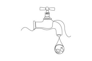 continuo uno linea disegno acqua rubinetto gocciolante globo acqua. mondo acqua giorno concetto. singolo linea disegnare design vettore grafico illustrazione.