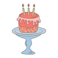 torta con candele su un' piatto. compleanno, celebrazione, vacanza, festa concetto. mano disegnato scarabocchio illustrazione. vettore