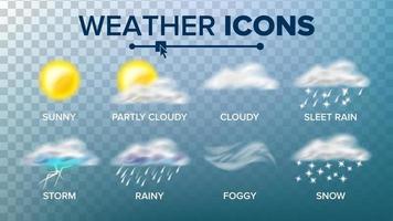 tempo metereologico icone impostato vettore. soleggiato, nuvoloso tempesta, piovoso, neve, nebbioso. bene per ragnatela, mobile app. isolato su trasparente sfondo illustrazione vettore