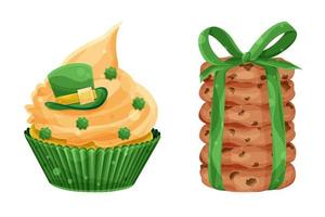 impostato vettore luminosa st. patricks giorno Cupcake e pila di fiocchi d'avena biscotti, verde cappello e trifoglio, festivo pasticcini