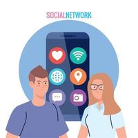 sociale Rete, coppia con smartphone e sociale media icone vettore