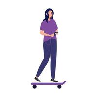 giovane donna utilizzando cuffie e smartphone nel skateboard su bianca sfondo vettore